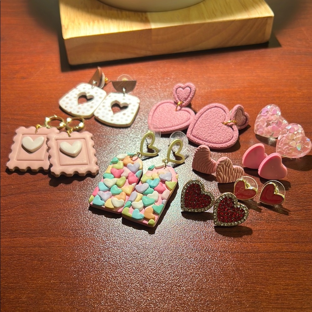 Valentines Heart Dangle and Stud Earring Lot Handmade Lightweight Clay